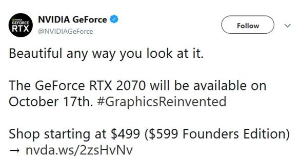 NVIDIA宣布RTX 2070显卡10月17日上市：499美元起